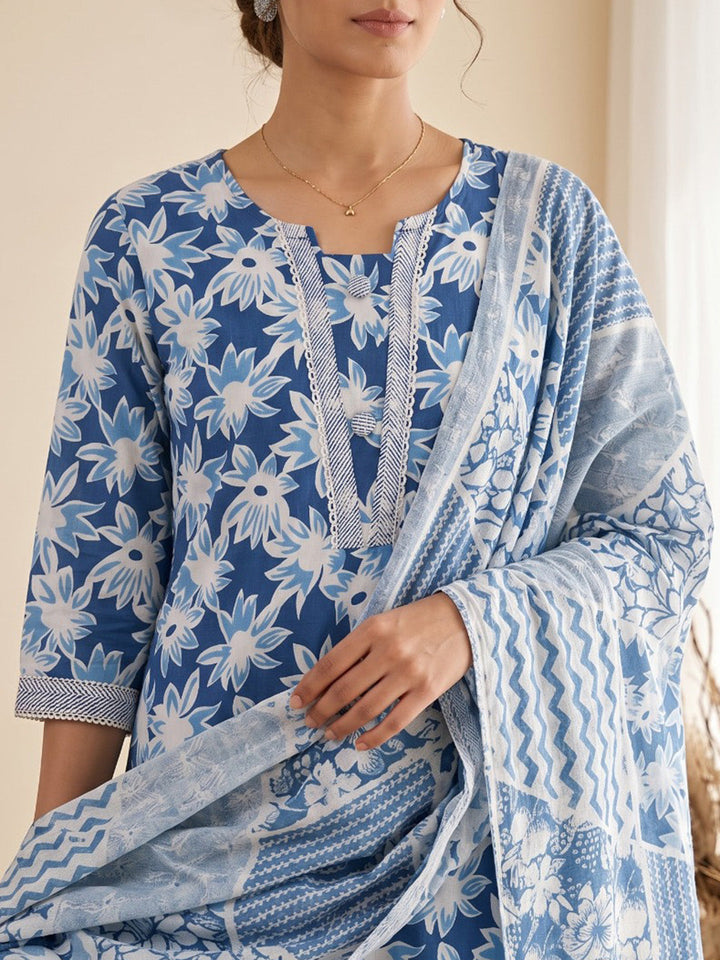 Blue Printed Cotton Blend Kurta With Pant &amp; Dupatta