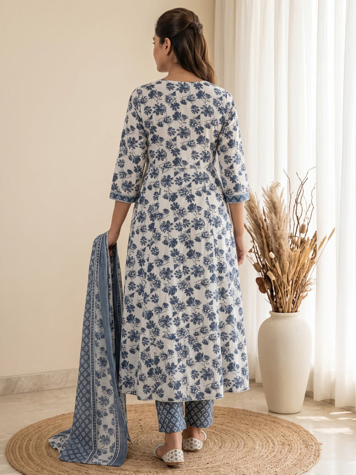 Blue Printed Cotton Blend Kurta With Pant &amp; Dupatta