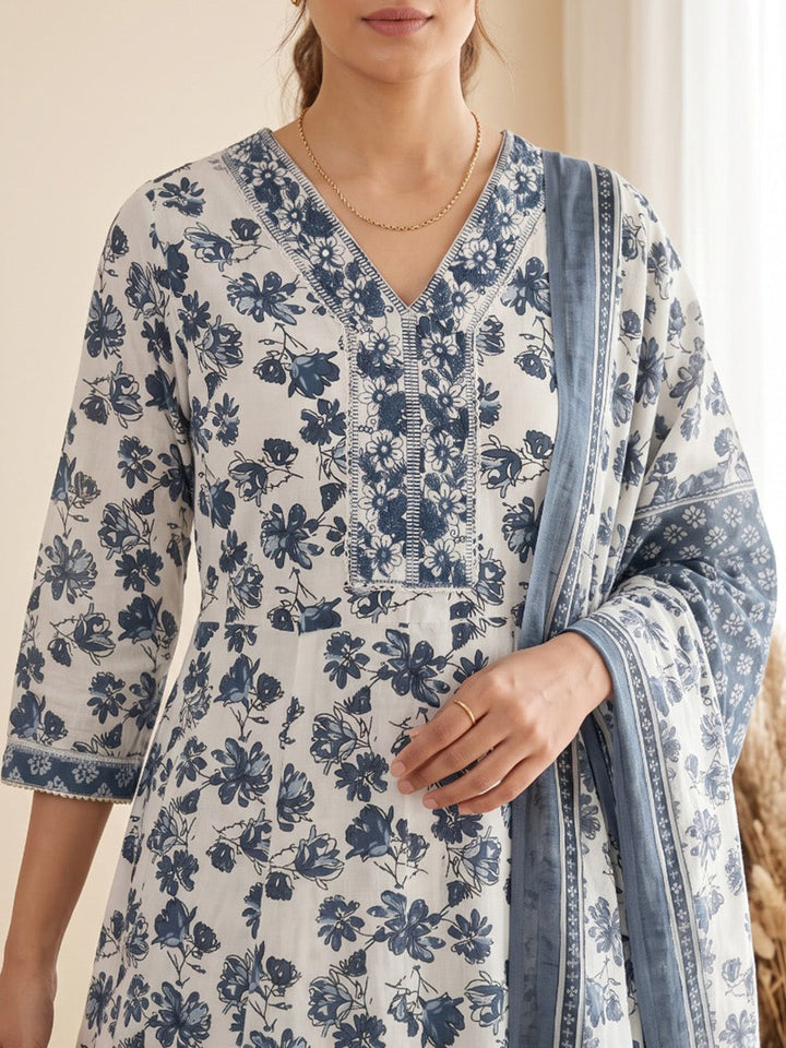 Blue Printed Cotton Blend Kurta With Pant &amp; Dupatta