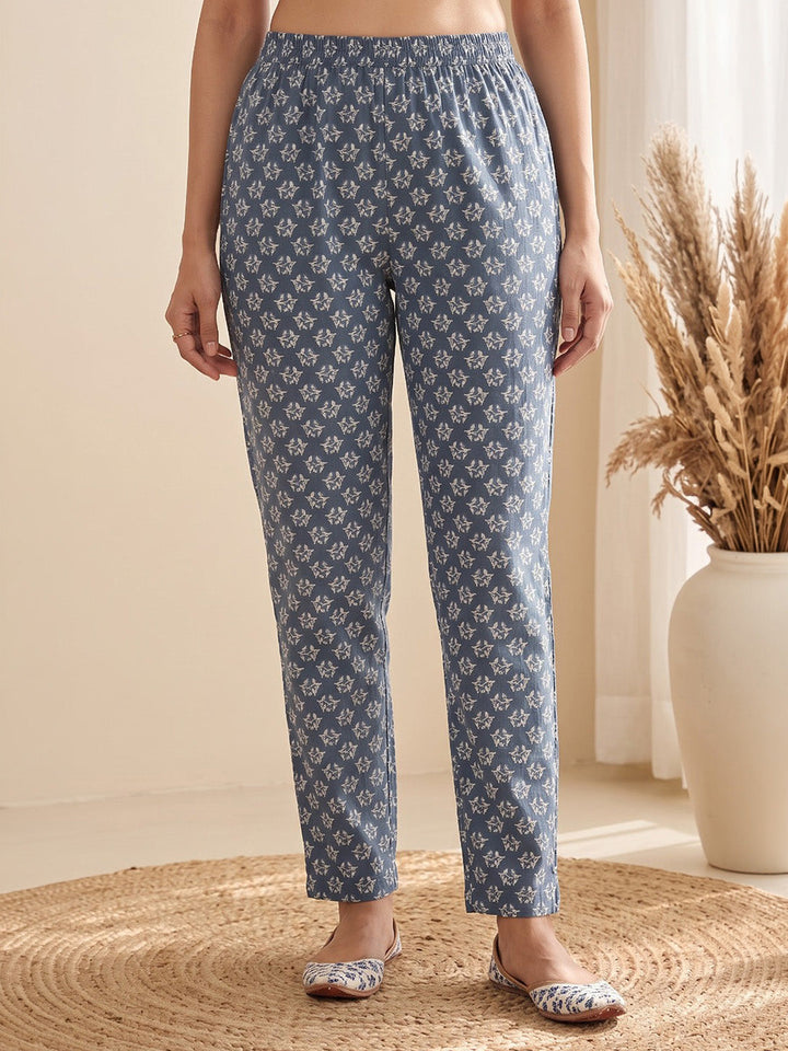 Blue Printed Cotton Blend Kurta With Pant &amp; Dupatta