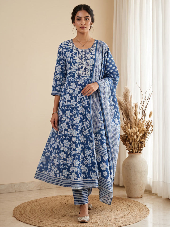 Blue Printed Cotton Blend Kurta With Pant &amp; Dupatta