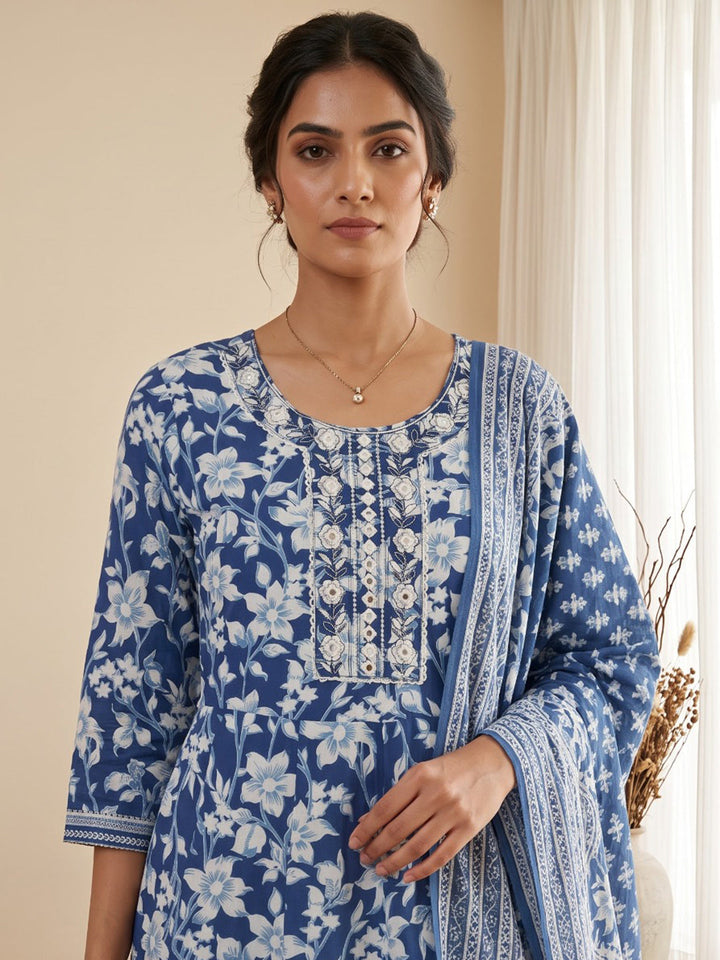 Blue Printed Cotton Blend Kurta With Pant &amp; Dupatta