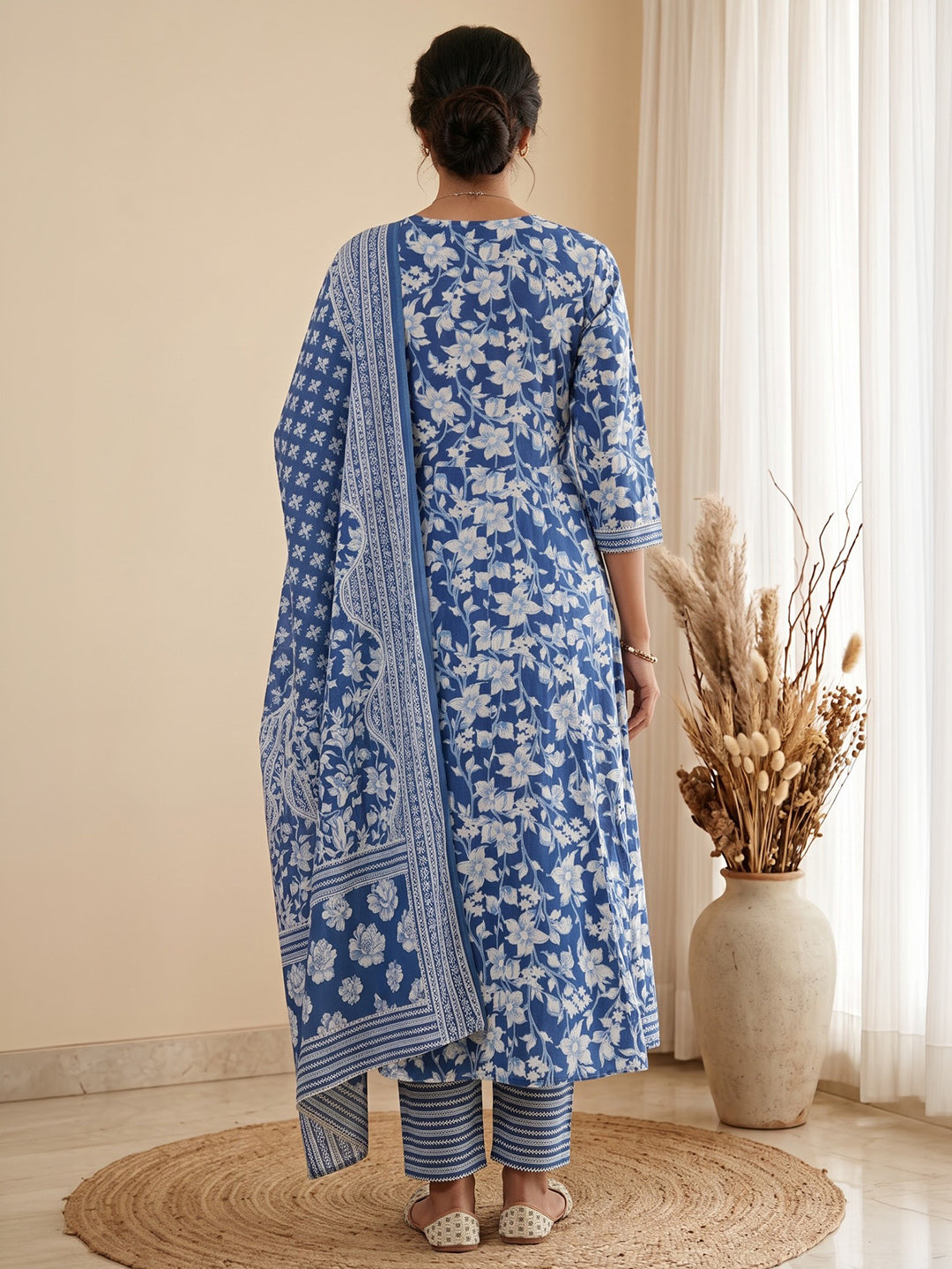 Blue Printed Cotton Blend Kurta With Pant &amp; Dupatta