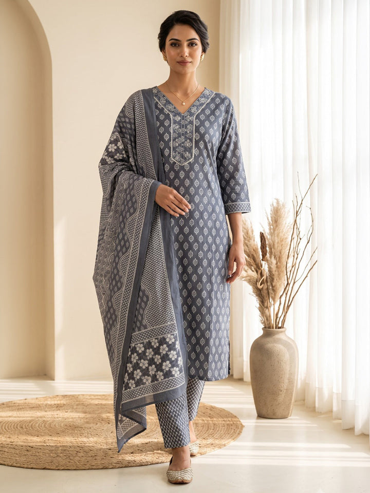 Blue Printed Cotton Blend Kurta With Pant &amp; Dupatta