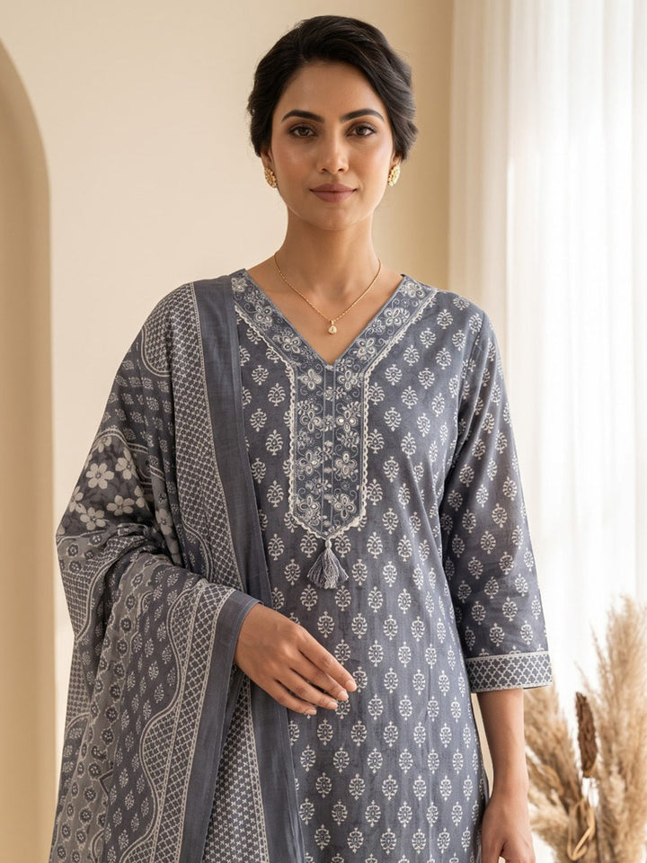 Blue Printed Cotton Blend Kurta With Pant &amp; Dupatta