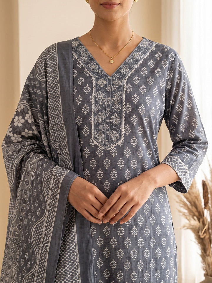 Blue Printed Cotton Blend Kurta With Pant &amp; Dupatta