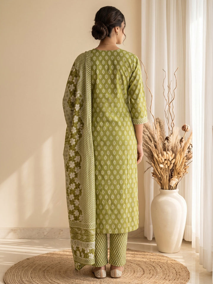 Green Printed Cotton Blend Kurta With Pant &amp; Dupatta
