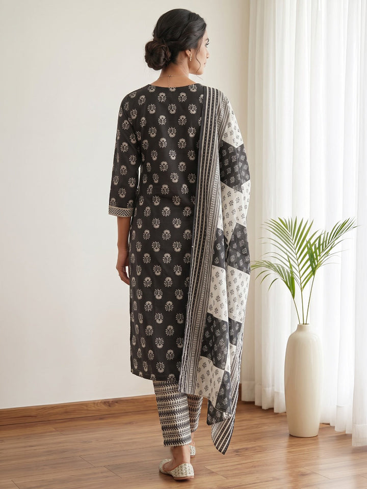 Black Printed Cotton Blend Kurta With Pant &amp; Dupatta