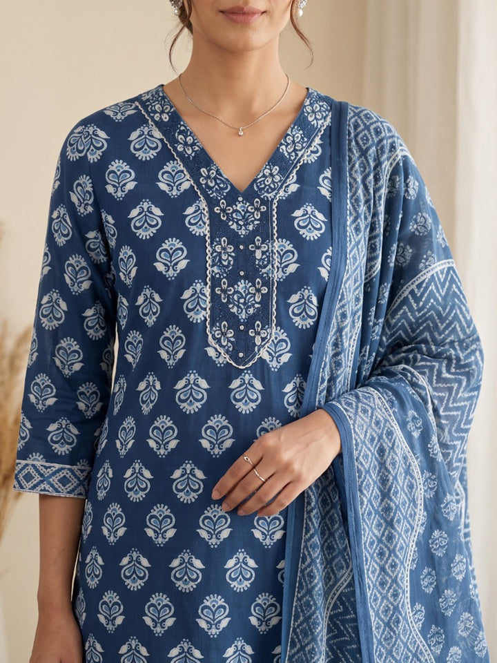 Blue Printed Cotton Blend Kurta With Pant &amp; Dupatta