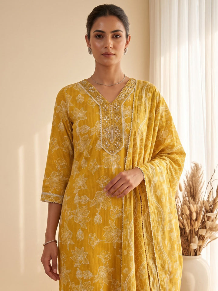 Yellow Printed Cotton Blend Kurta With Pant &amp; Dupatta