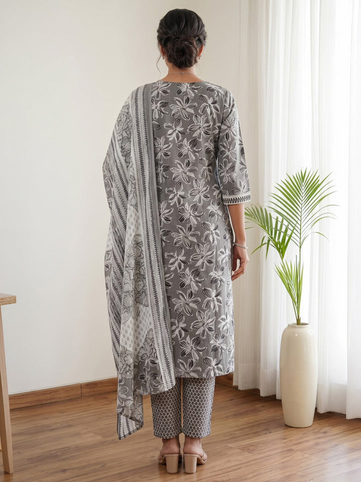 Grey Printed Cotton Blend Kurta With Pant &amp; Dupatta