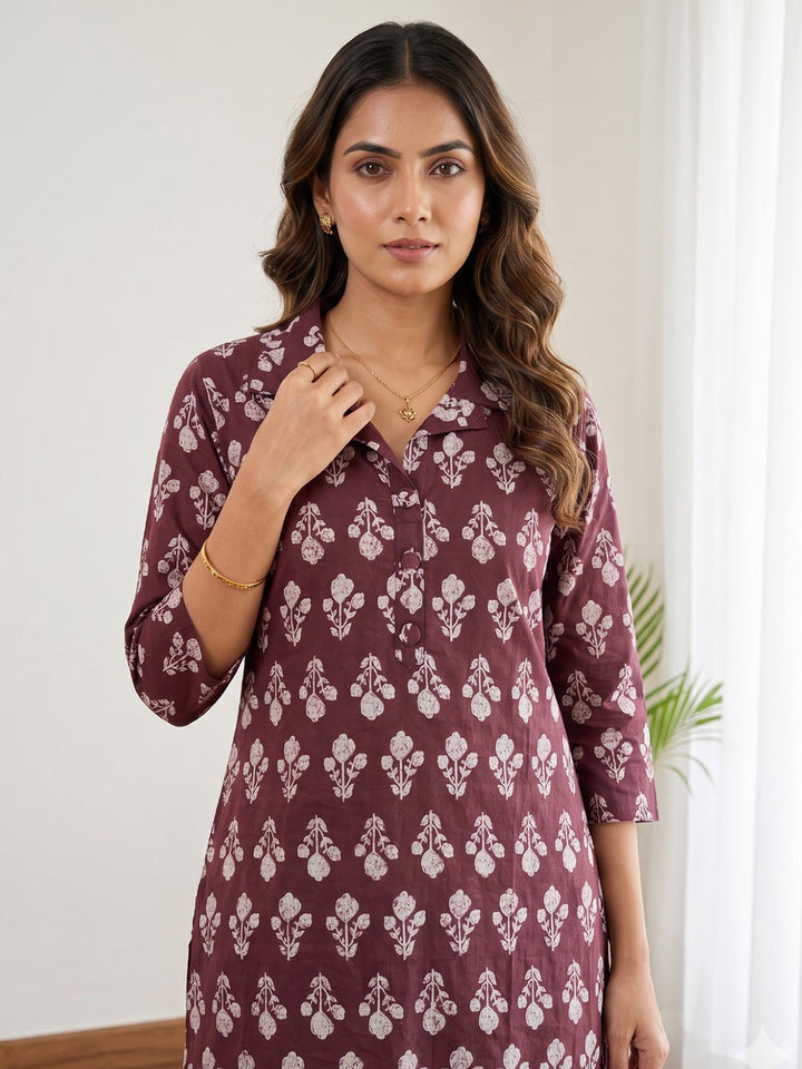Maroon Embroidered Cotton Blend Kurta Set