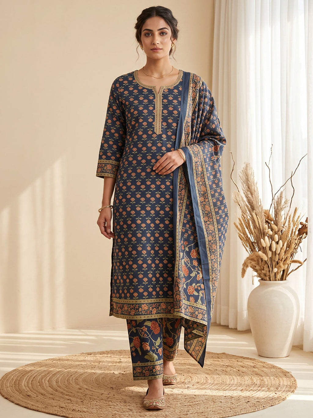 Blue Printed Cotton Blend Kurta With Pant & Dupatta