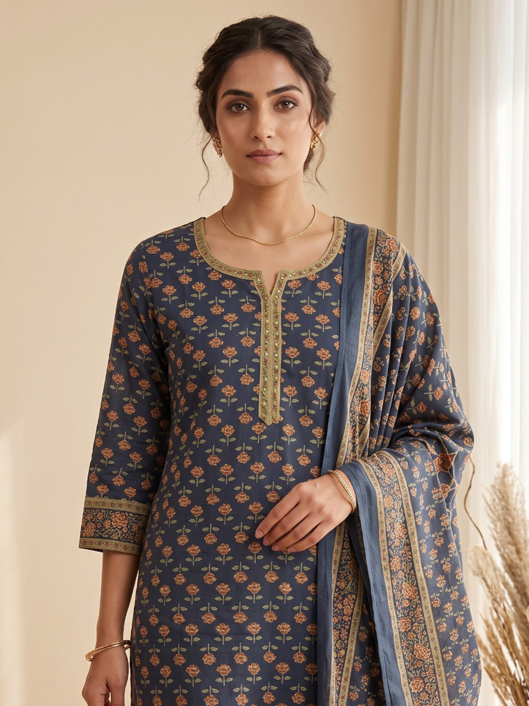 Blue Printed Cotton Blend Kurta With Pant & Dupatta