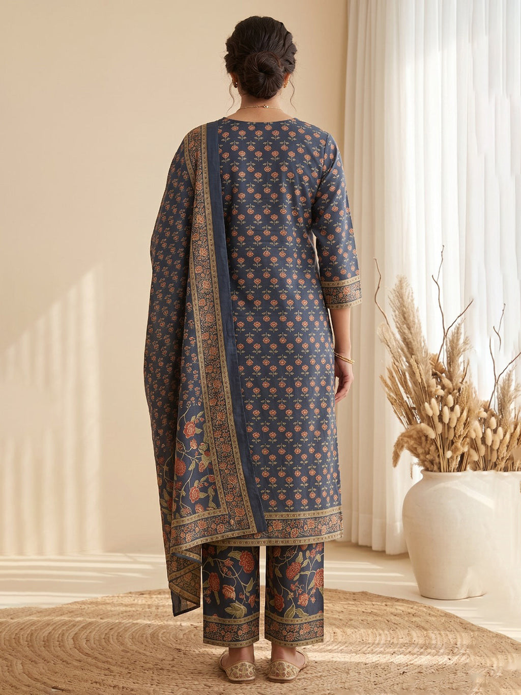 Blue Printed Cotton Blend Kurta With Pant & Dupatta