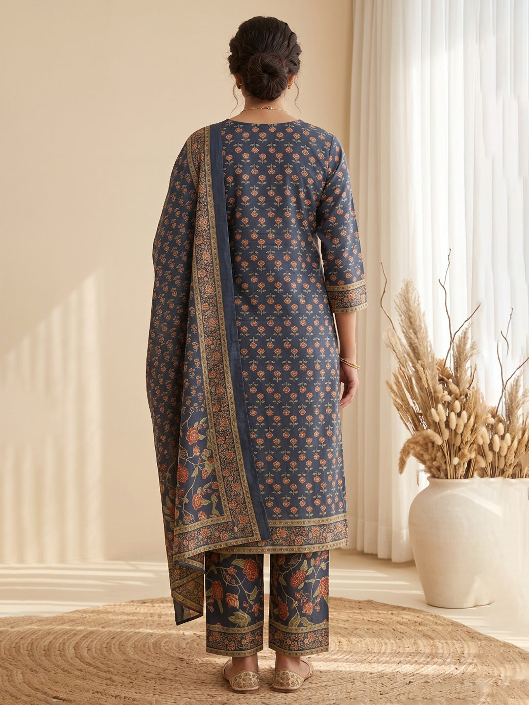 Blue Printed Cotton Blend Kurta With Pant & Dupatta