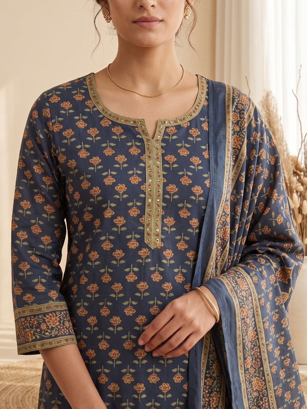 Blue Printed Cotton Blend Kurta With Pant & Dupatta