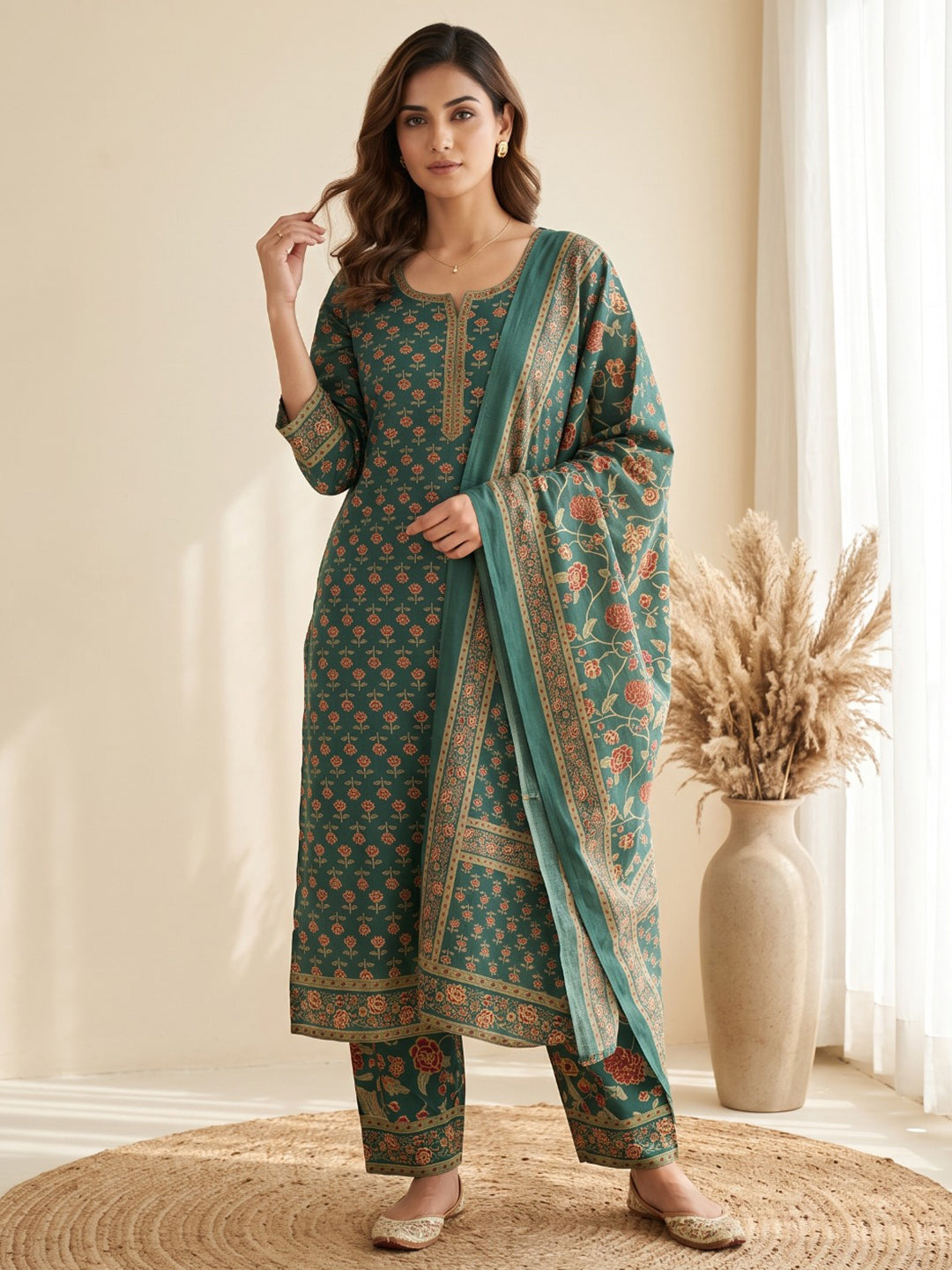Green Printed Cotton Blend Kurta With Pant & Dupatta