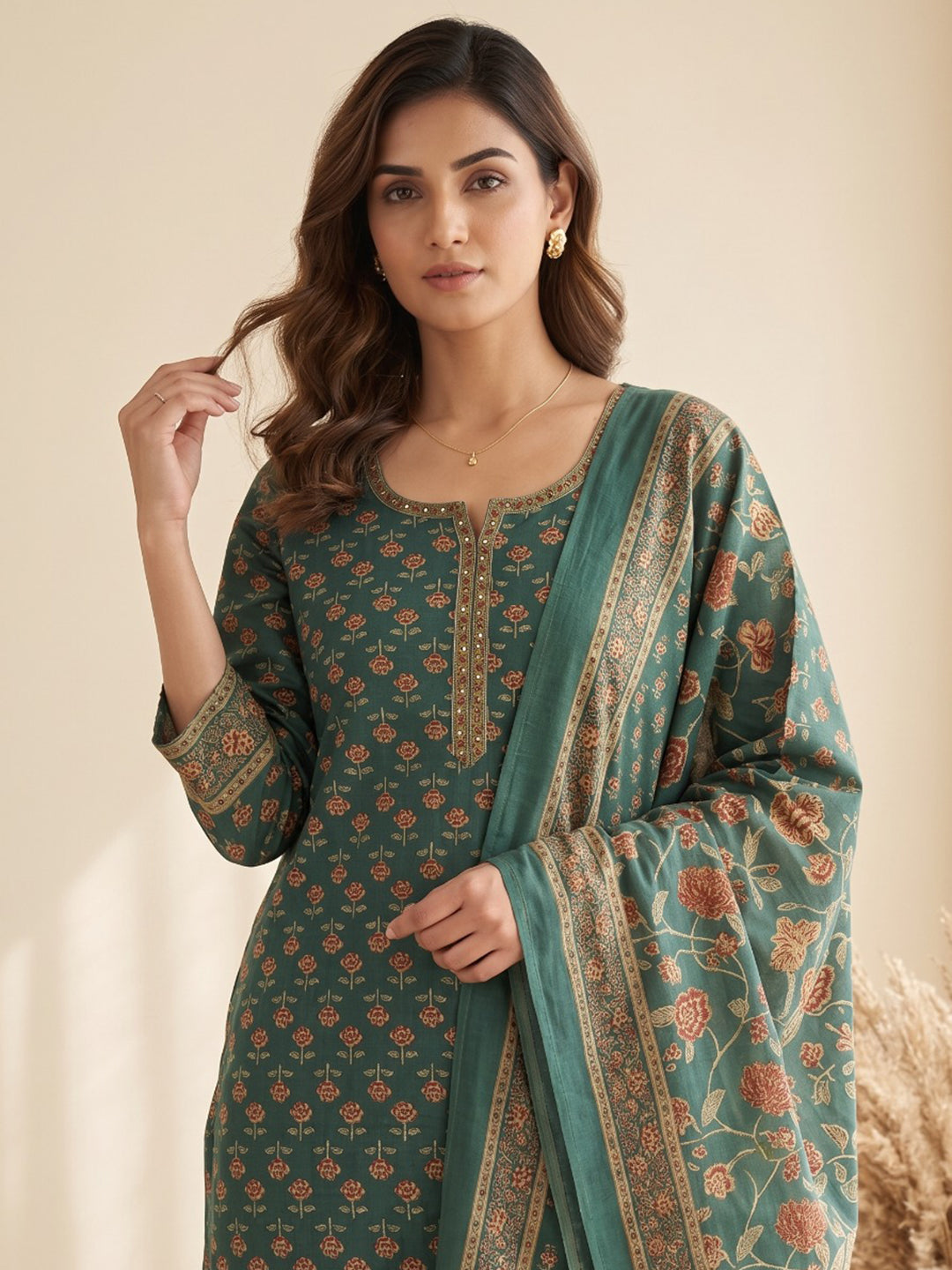 Green Printed Cotton Blend Kurta With Pant & Dupatta