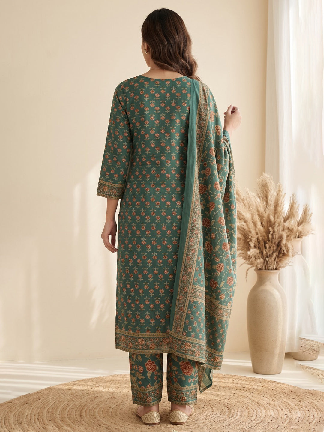 Green Printed Cotton Blend Kurta With Pant & Dupatta