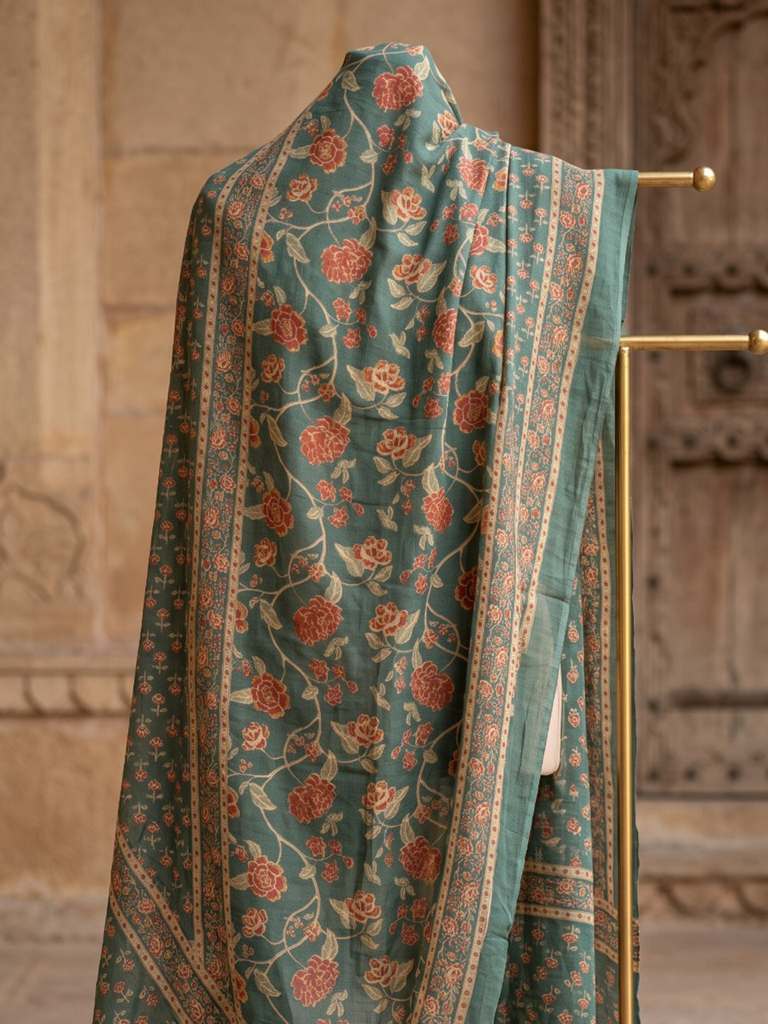 Green Printed Cotton Blend Kurta With Pant & Dupatta