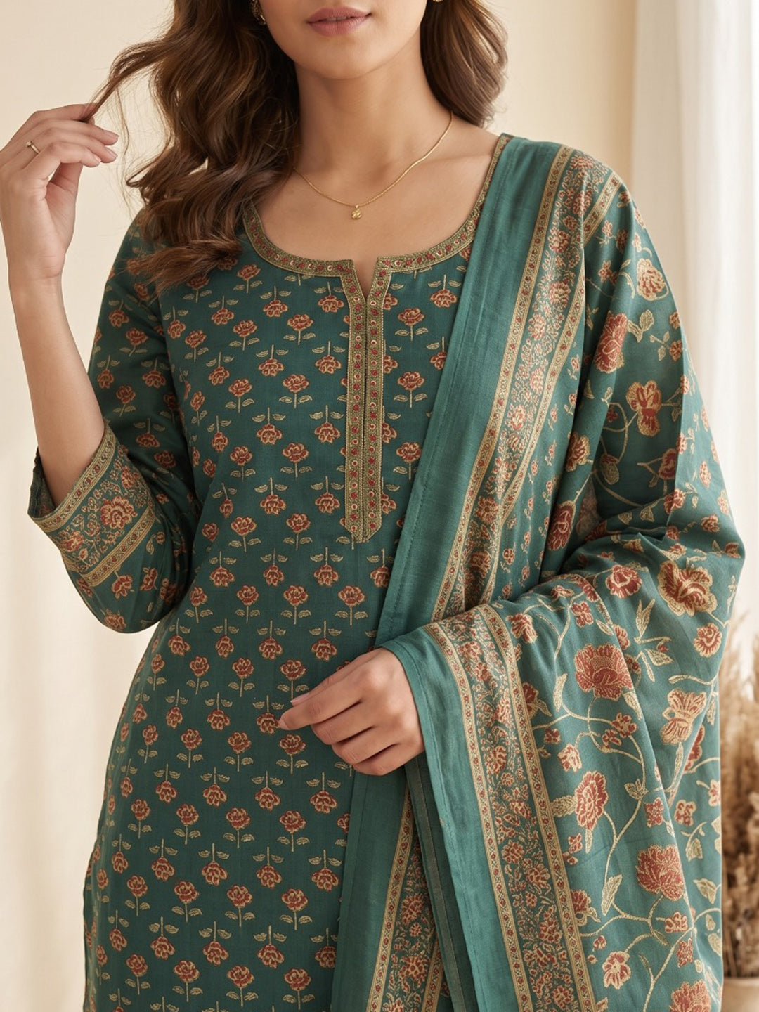 Green Printed Cotton Blend Kurta With Pant & Dupatta