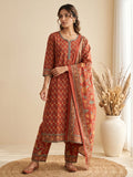 Red Printed Cotton Blend Kurta With Pant & Dupatta