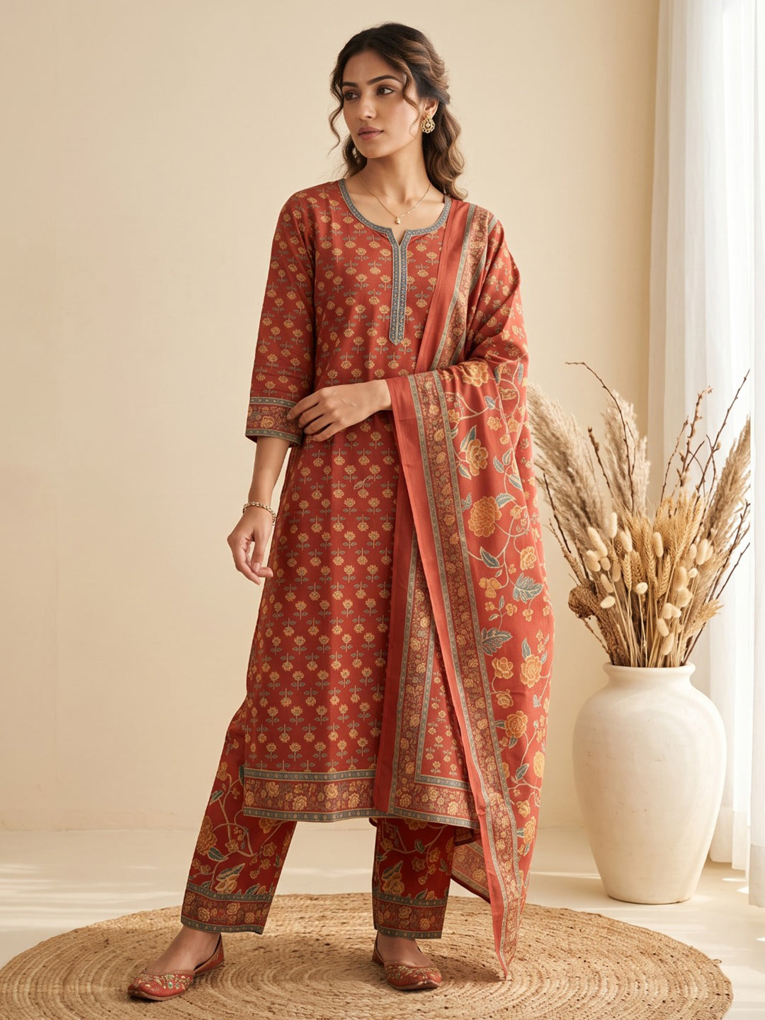 Red Printed Cotton Blend Kurta With Pant & Dupatta