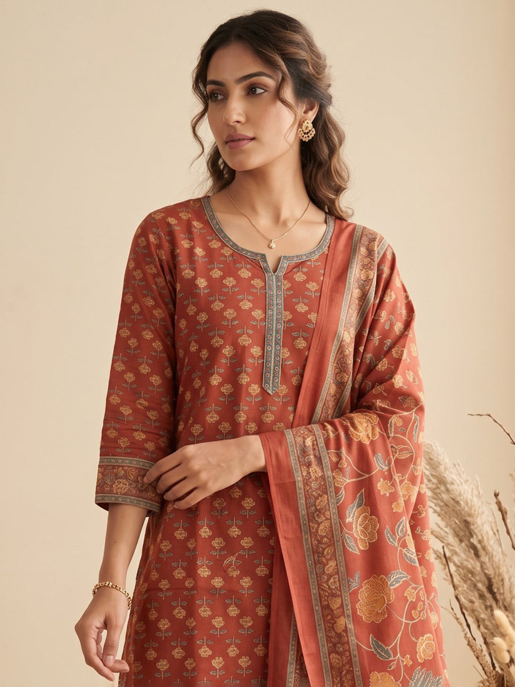 Red Printed Cotton Blend Kurta With Pant & Dupatta