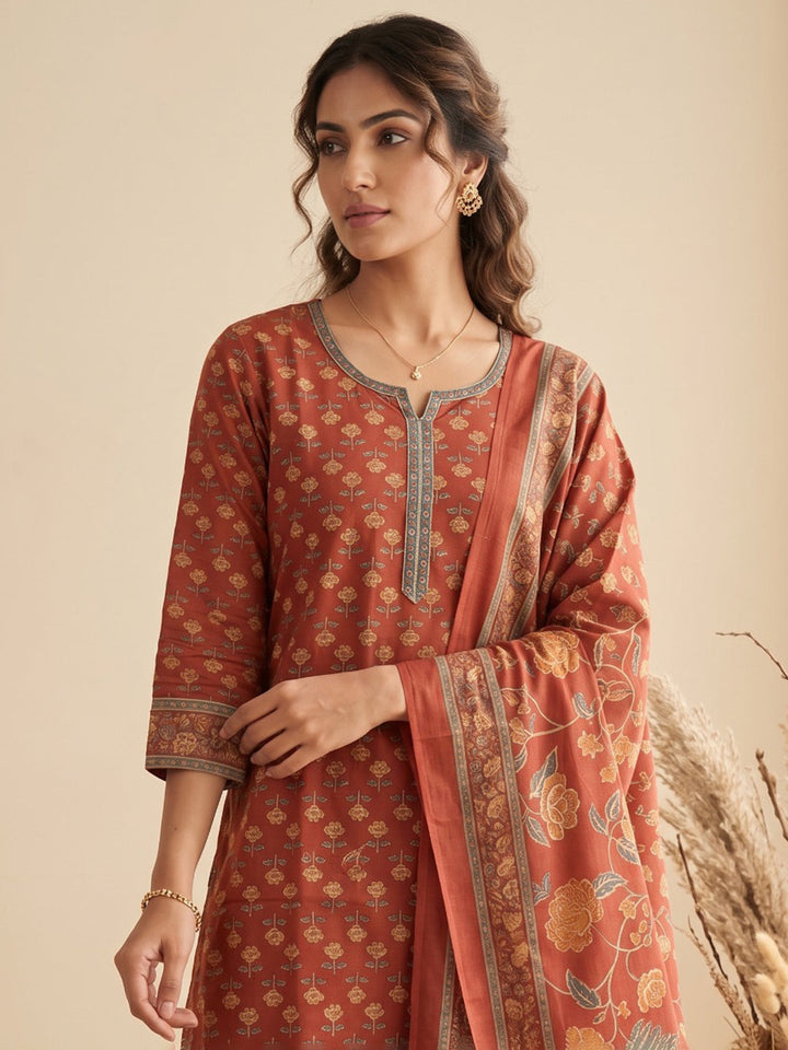 Red Printed Cotton Blend Kurta With Pant &amp; Dupatta