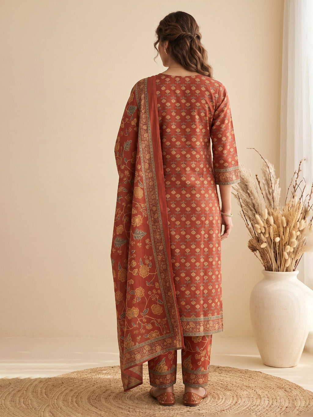 Red Printed Cotton Blend Kurta With Pant & Dupatta
