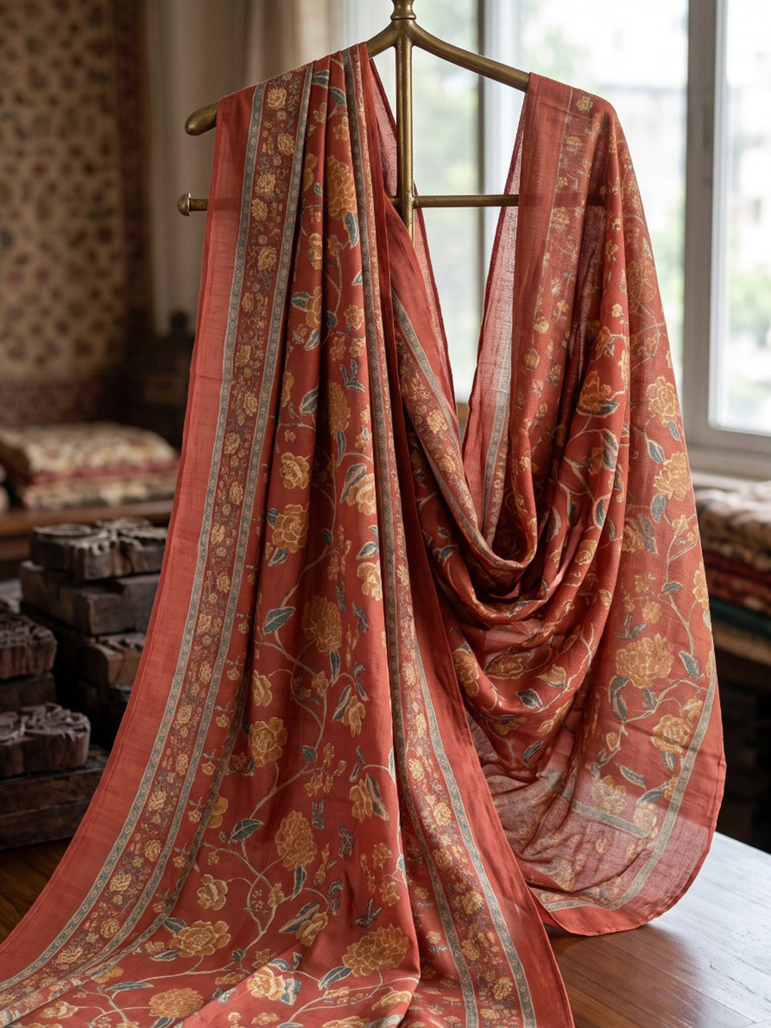 Red Printed Cotton Blend Kurta With Pant & Dupatta