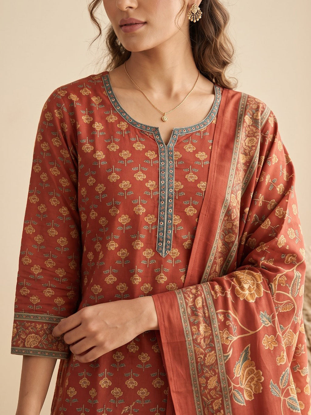 Red Printed Cotton Blend Kurta With Pant & Dupatta