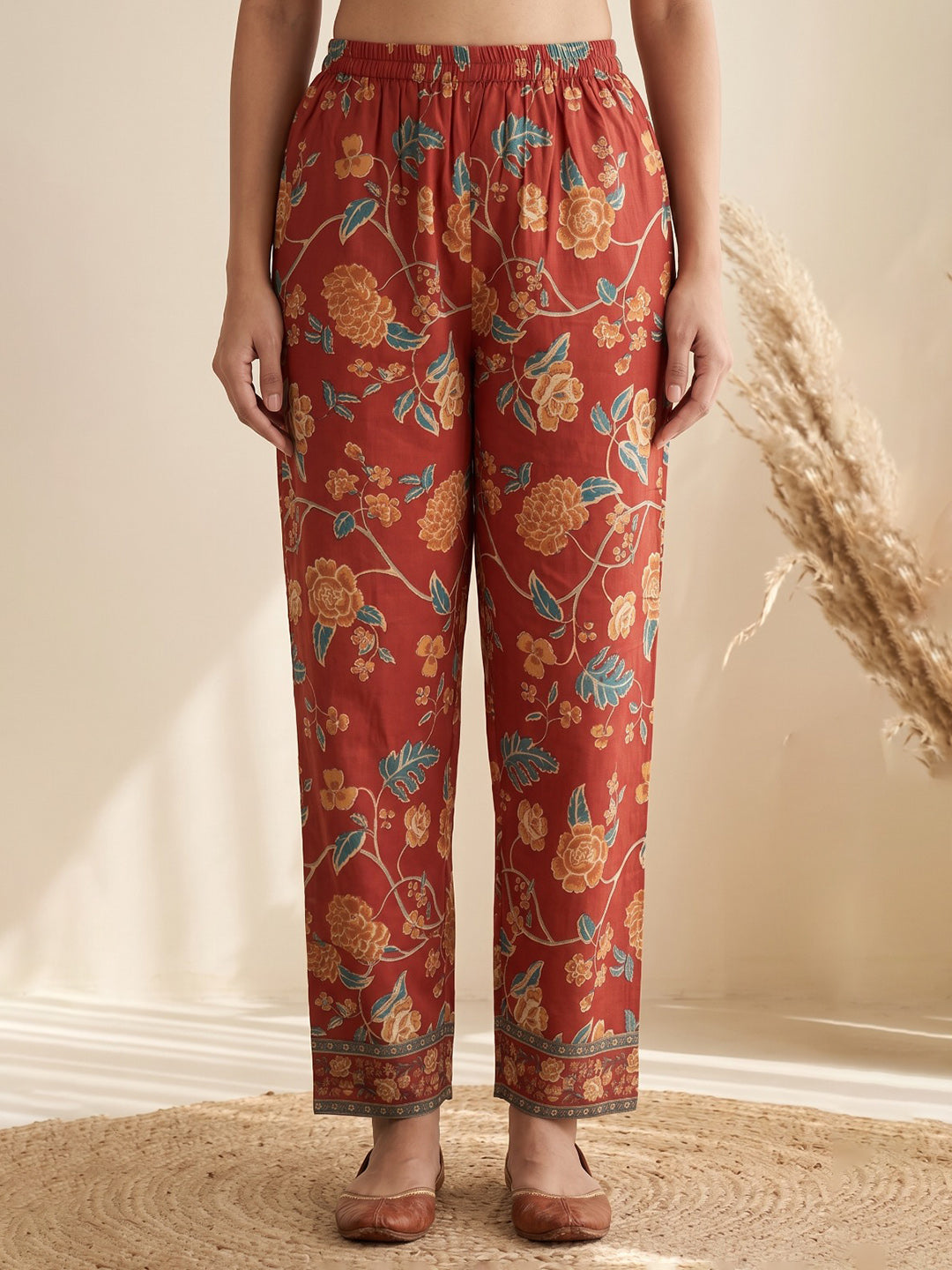 Red Printed Cotton Blend Kurta With Pant & Dupatta