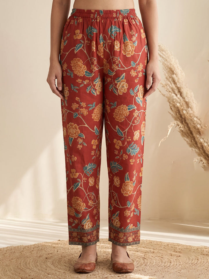 Red Printed Cotton Blend Kurta With Pant &amp; Dupatta