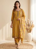 Yellow Printed Cotton Blend Kurta With Pant & Dupatta