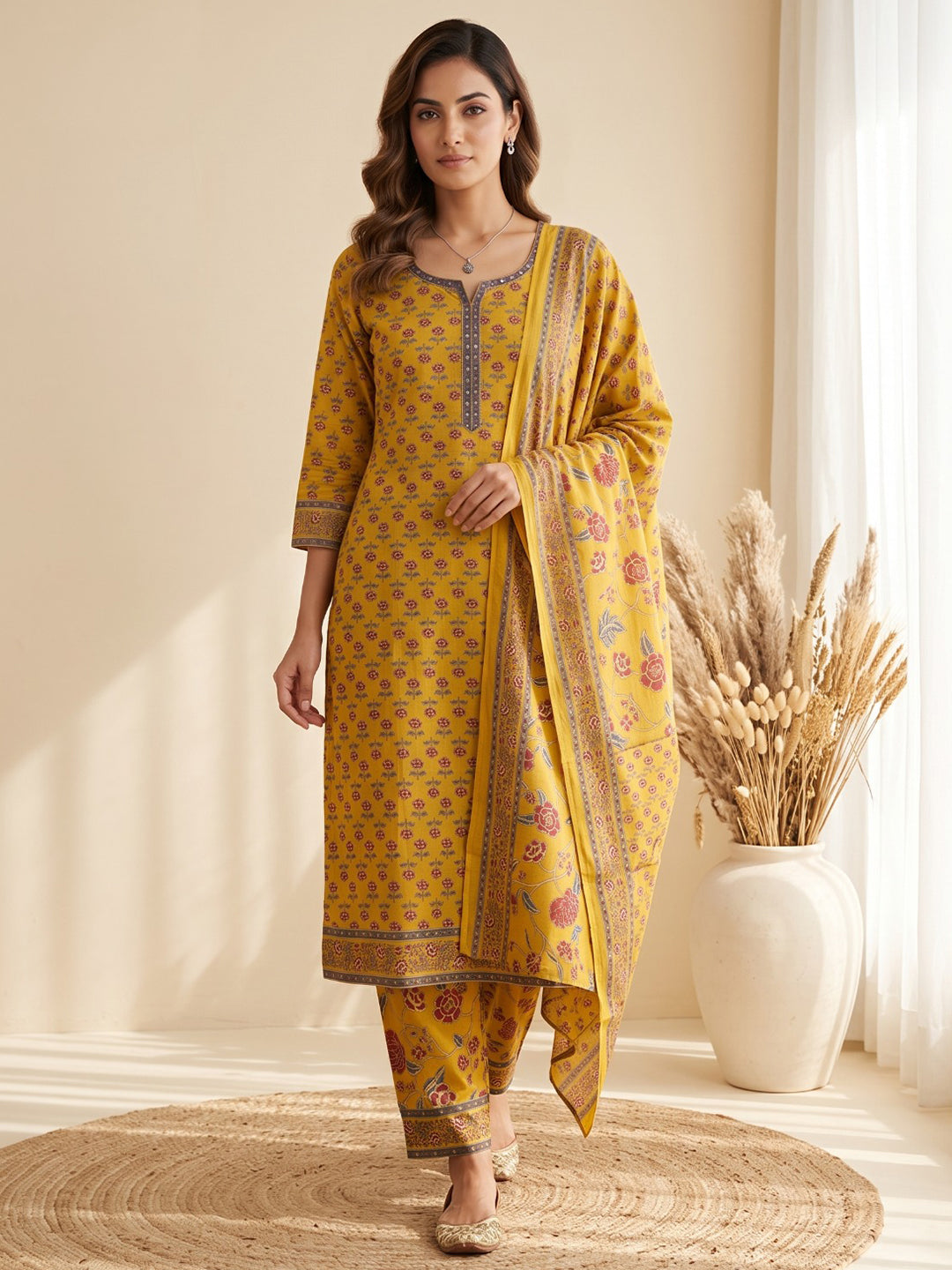 Yellow Printed Cotton Blend Kurta With Pant & Dupatta