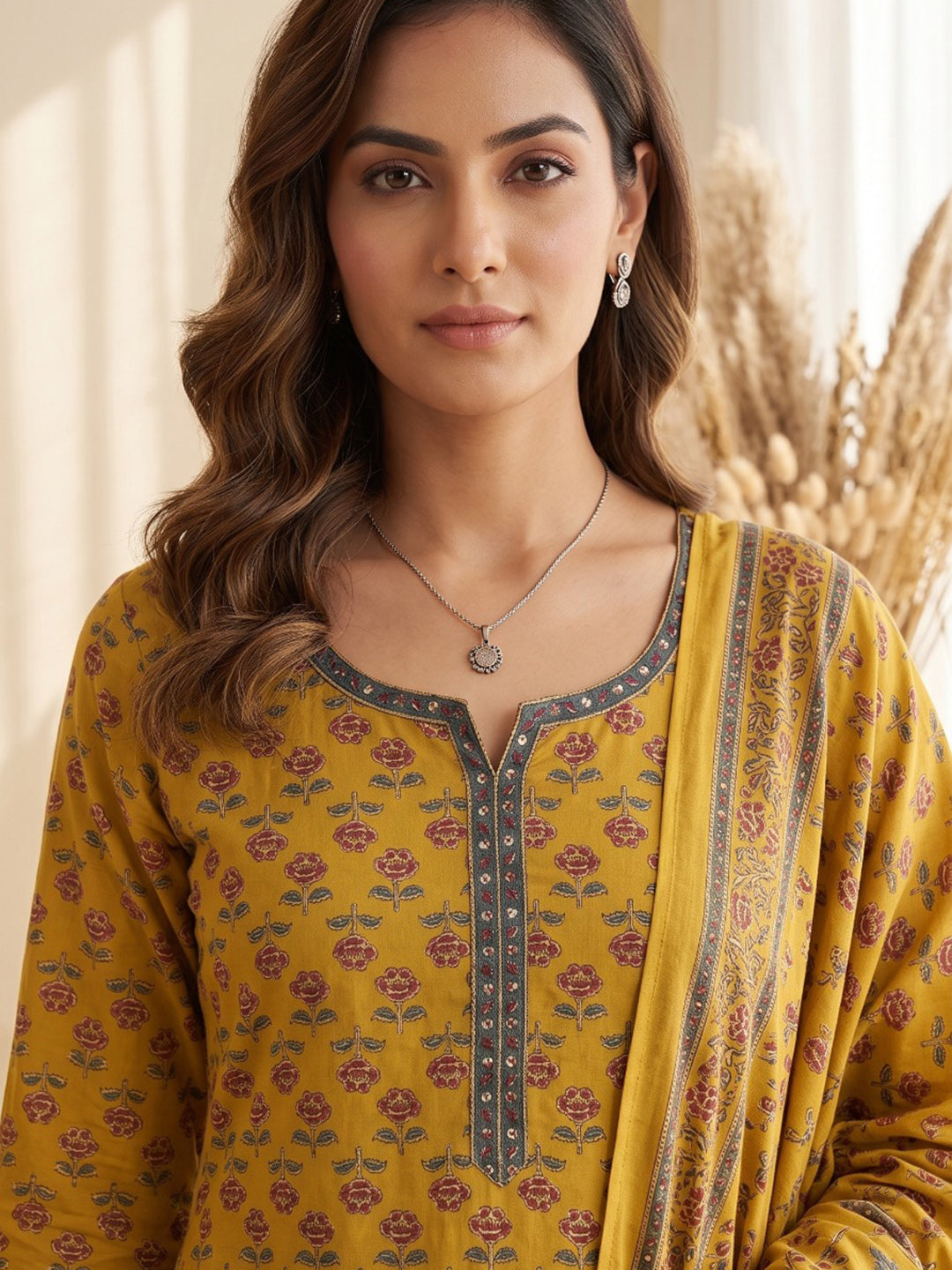 Yellow Printed Cotton Blend Kurta With Pant & Dupatta
