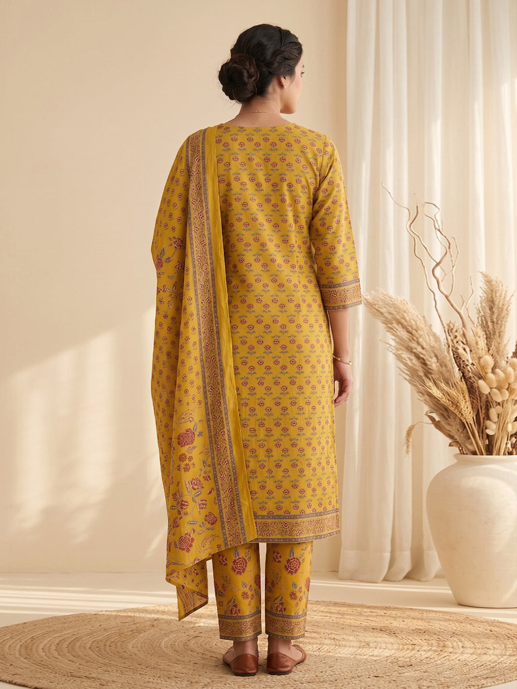 Yellow Printed Cotton Blend Kurta With Pant & Dupatta