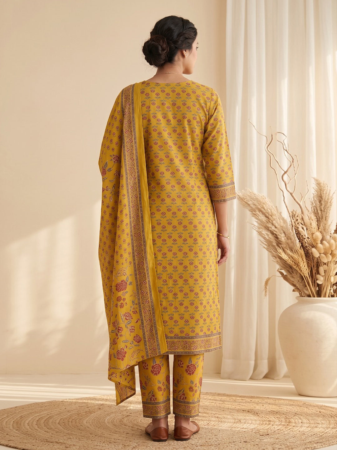 Yellow Printed Cotton Blend Kurta With Pant & Dupatta