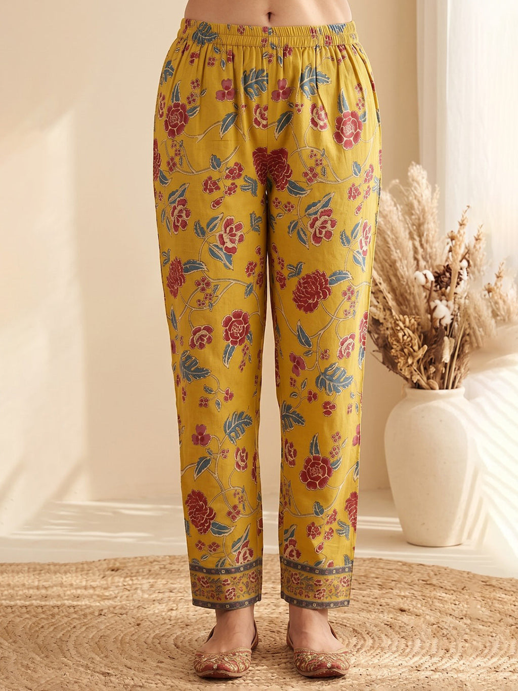 Yellow Printed Cotton Blend Kurta With Pant & Dupatta
