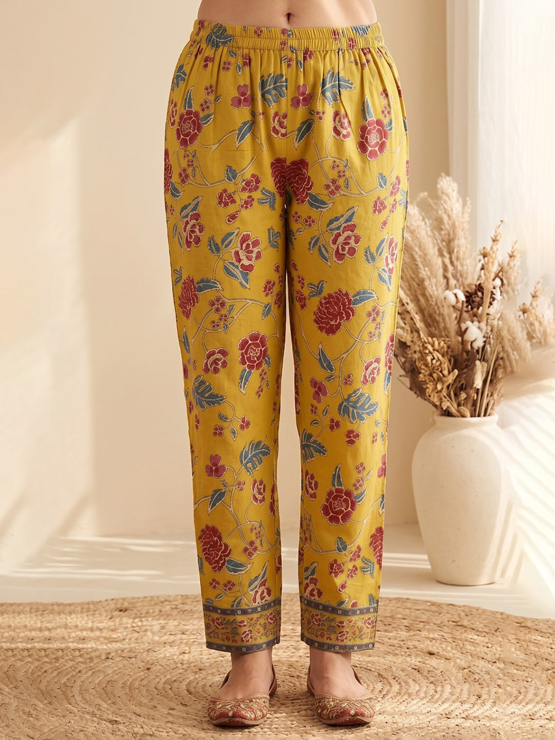 Yellow Printed Cotton Blend Kurta With Pant & Dupatta