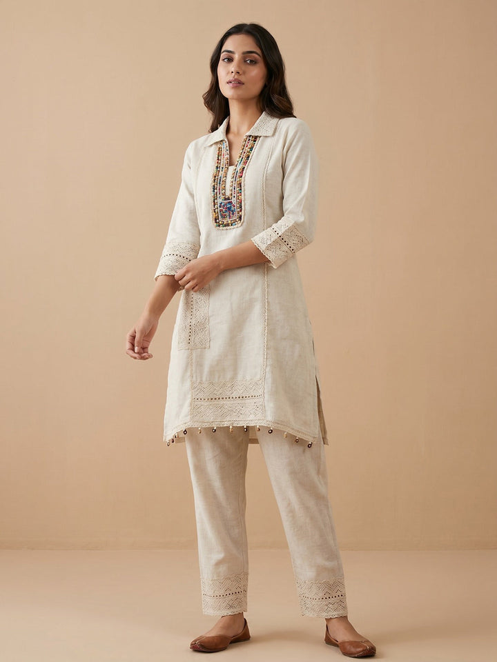 White Printed Cotton Blend Collar Neck Kurta Set