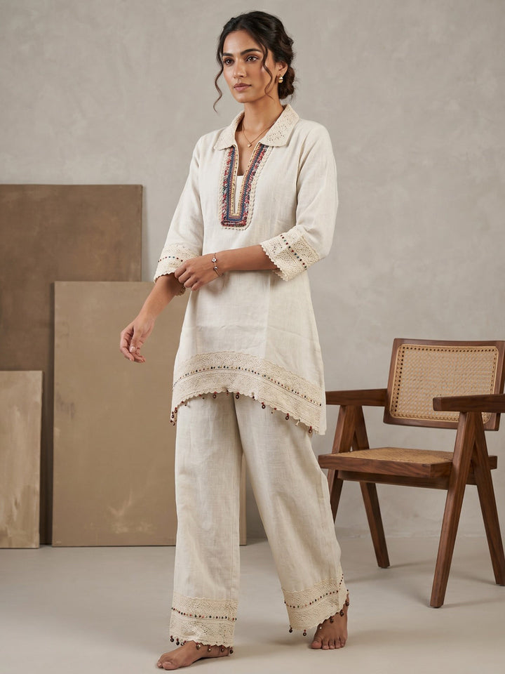 Beige Printed Cotton Blend V Neck Straight Kurta With Pant