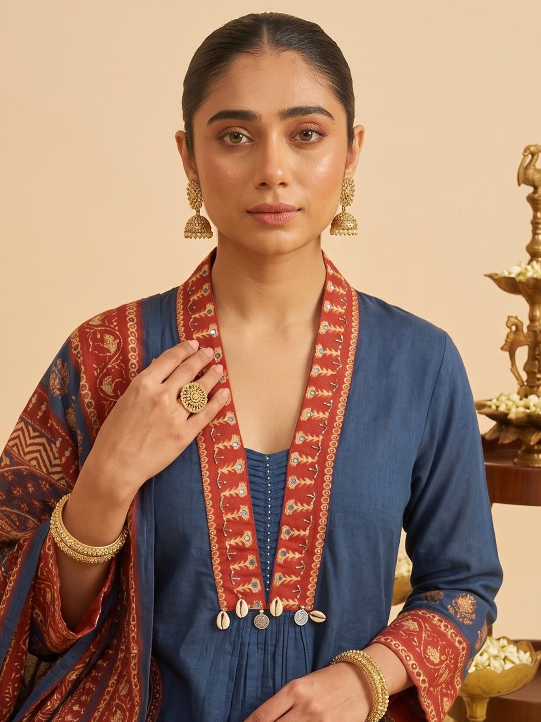 Blue Printed Cotton Blend Kurta With Pant &amp; Dupatta