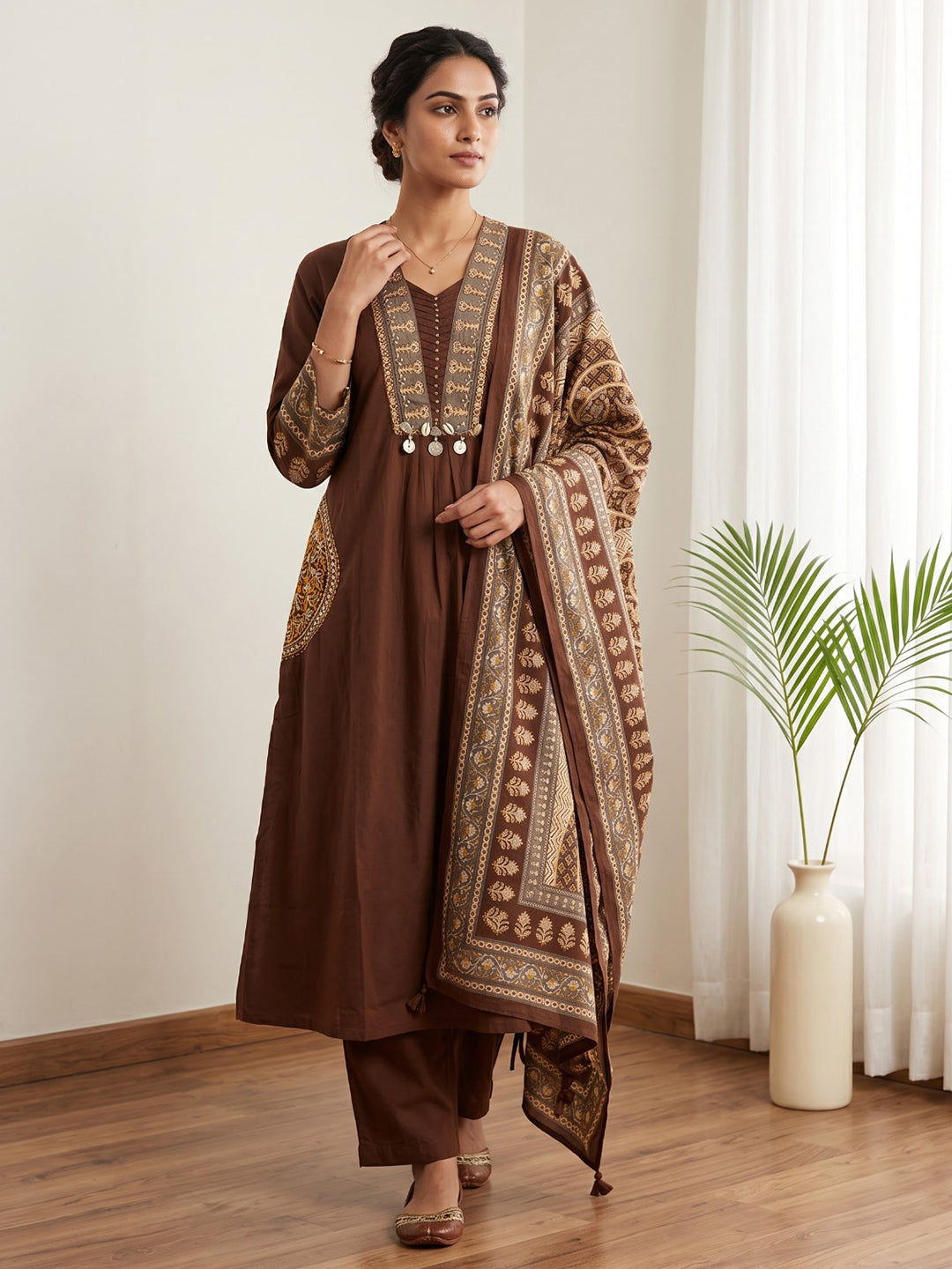 Brown Printed Cotton Blend Kurta With Pant &amp; Dupatta