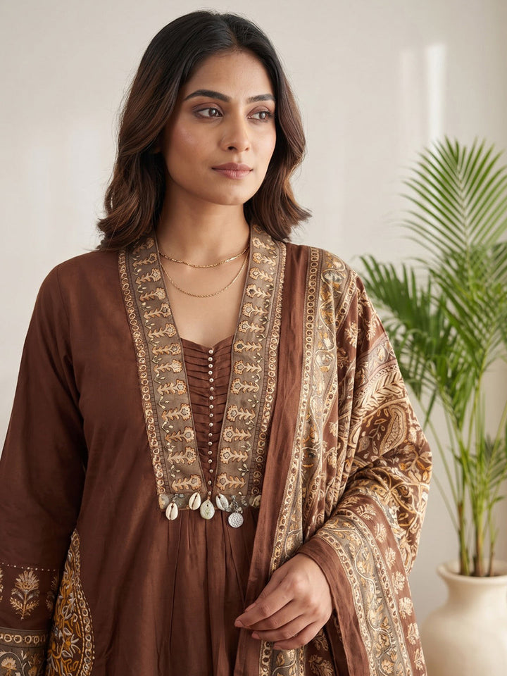 Brown Printed Cotton Blend Kurta With Pant &amp; Dupatta