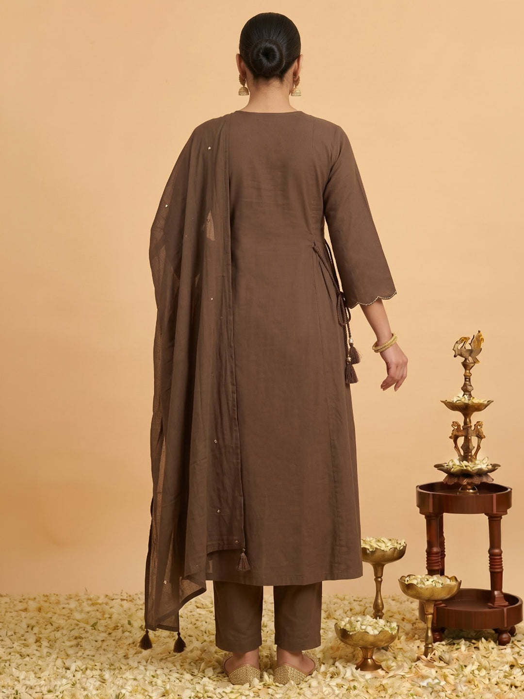 Brown Printed Cotton Blend Kurta With Pant &amp; Dupatta