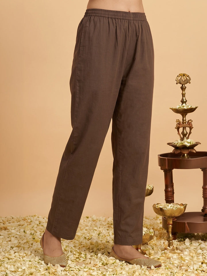 Brown Printed Cotton Blend Kurta With Pant &amp; Dupatta