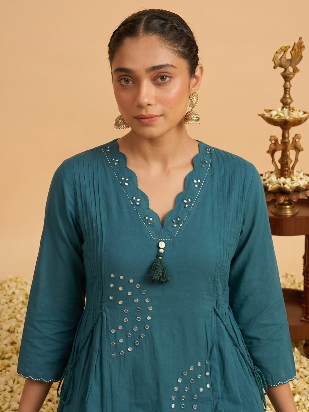 Teal Blue Printed Cotton Blend Kurta With Pant &amp; Dupatta